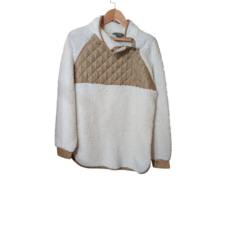 Natural Reflections Womens Sherpa Pullover Quilted Snap Neck Fleece Cream Tan L
